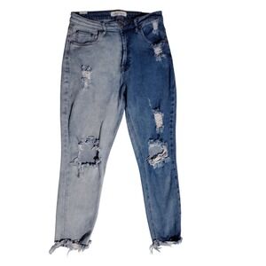 Almost Famous Two Tone Distressed Skinny Jeans Blue Split Color Raw Hem Size 7